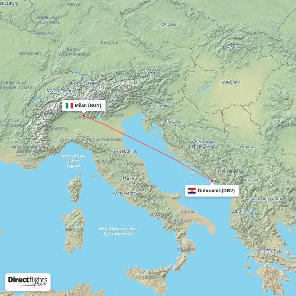 Dubrovnik - Milan direct flight map
