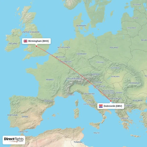 Dubrovnik - Birmingham direct flight map