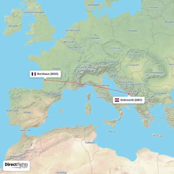 Dubrovnik - Bordeaux direct flight map