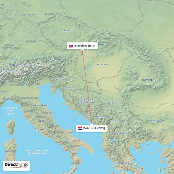 Dubrovnik - Bratislava direct flight map