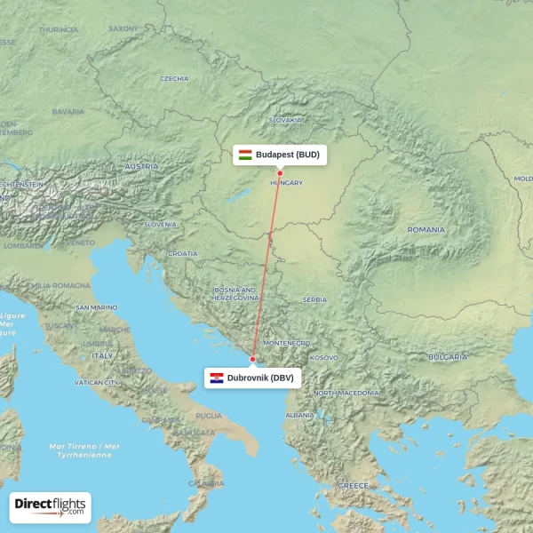Dubrovnik - Budapest direct flight map
