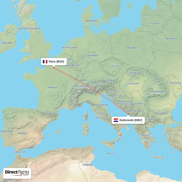Dubrovnik - Paris direct flight map