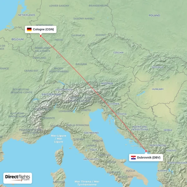 Dubrovnik - Cologne direct flight map