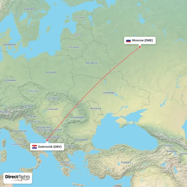 Dubrovnik - Moscow direct flight map