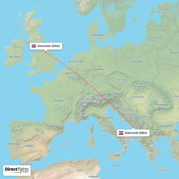 Dubrovnik - Doncaster direct flight map