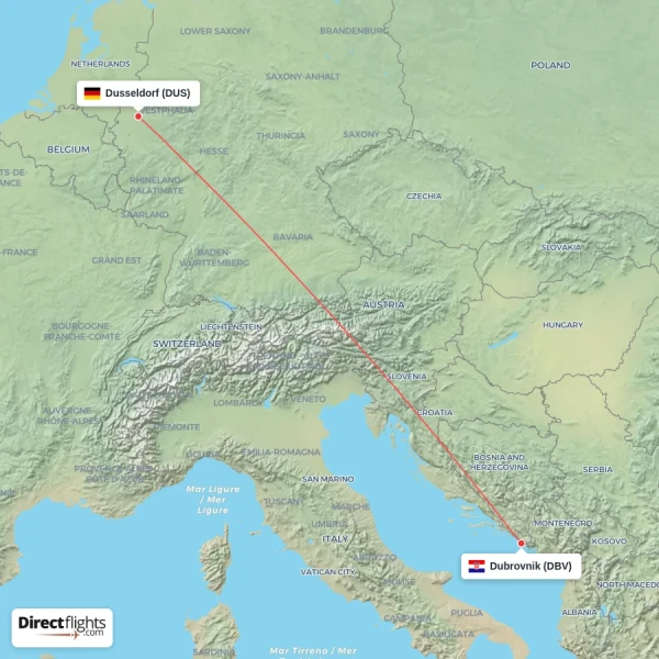 Dubrovnik - Dusseldorf direct flight map