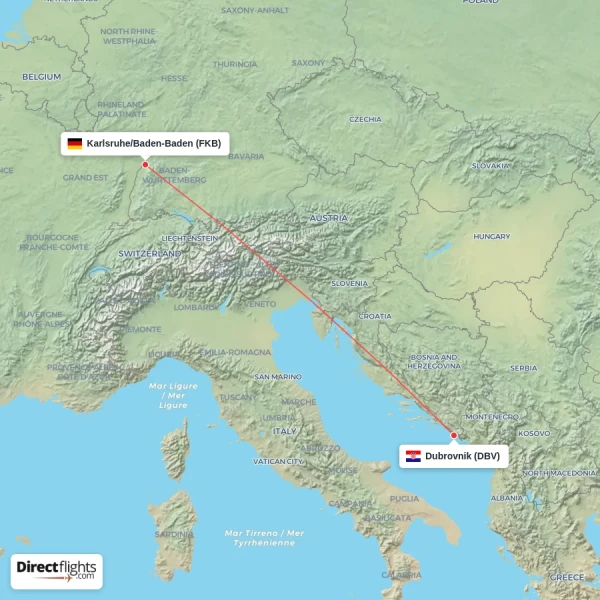 Dubrovnik - Karlsruhe/Baden-Baden direct flight map