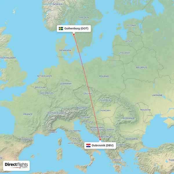 Dubrovnik - Gothenburg direct flight map