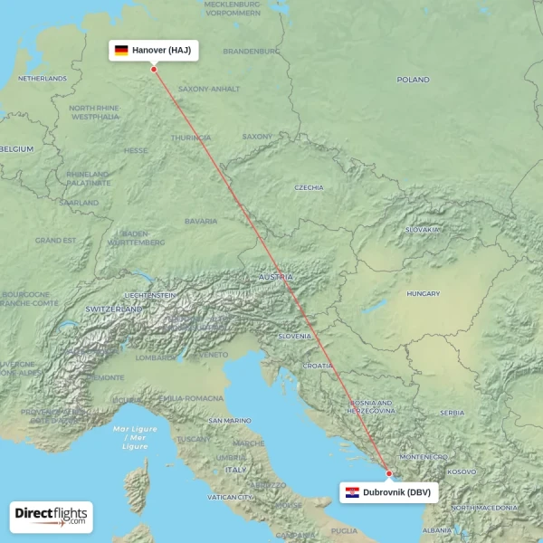 Dubrovnik - Hanover direct flight map
