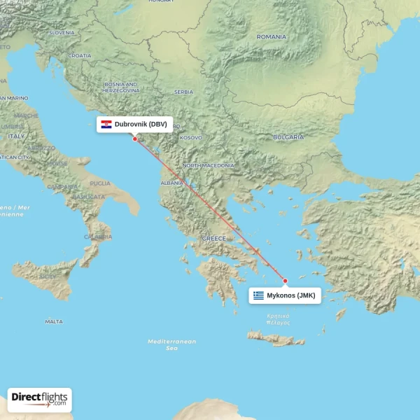 Dubrovnik - Mykonos direct flight map