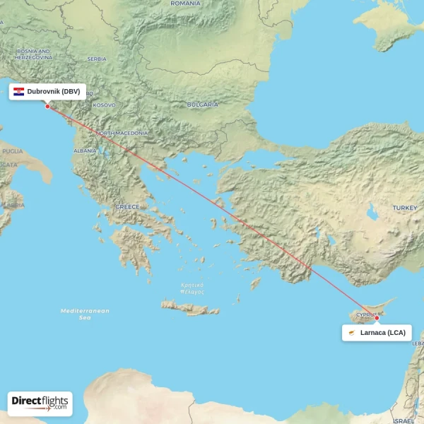Dubrovnik - Larnaca direct flight map