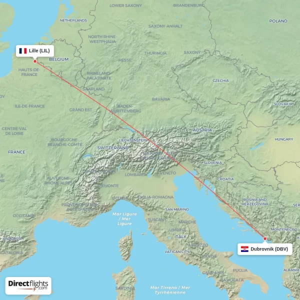 Dubrovnik - Lille direct flight map