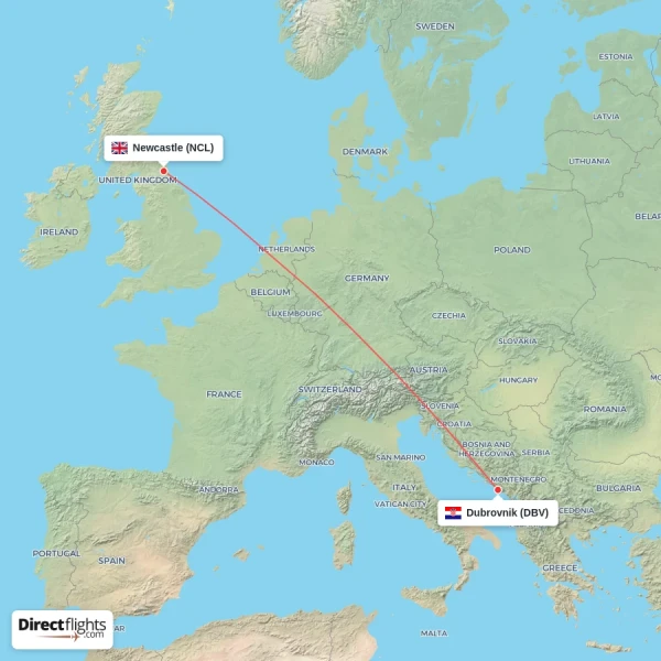Dubrovnik - Newcastle direct flight map