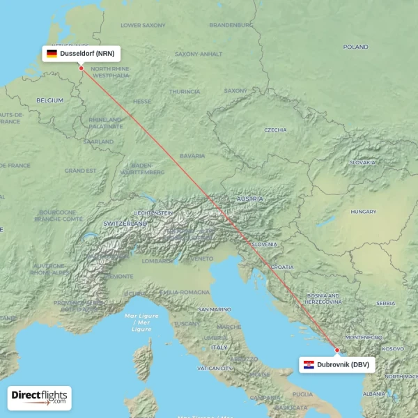 Dubrovnik - Dusseldorf direct flight map