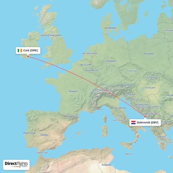 Dubrovnik - Cork direct flight map