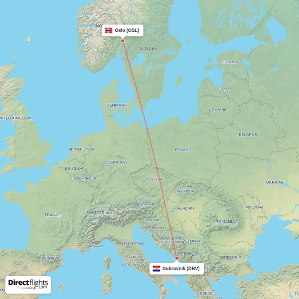 Dubrovnik - Oslo direct flight map