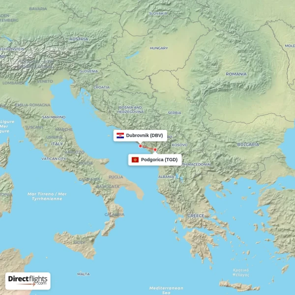 Dubrovnik - Podgorica direct flight map