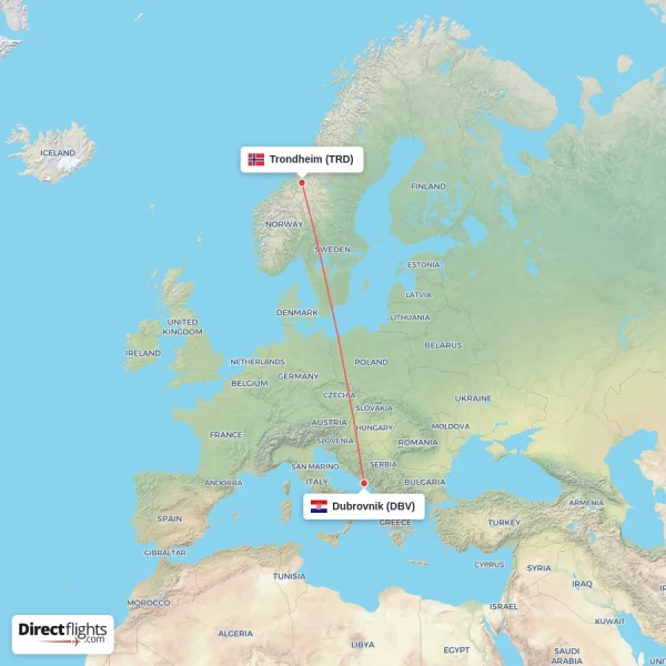 Dubrovnik - Trondheim direct flight map
