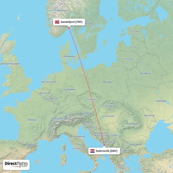 Dubrovnik - Sandefjord direct flight map