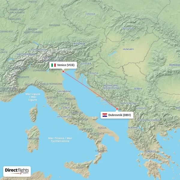 Dubrovnik - Venice direct flight map