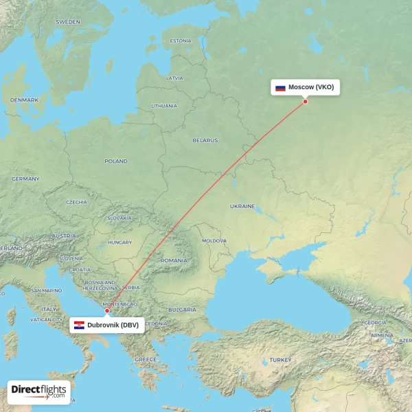 Dubrovnik - Moscow direct flight map