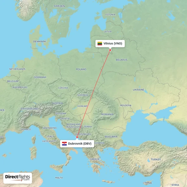 Dubrovnik - Vilnius direct flight map