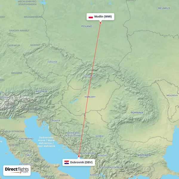 Dubrovnik - Modlin direct flight map
