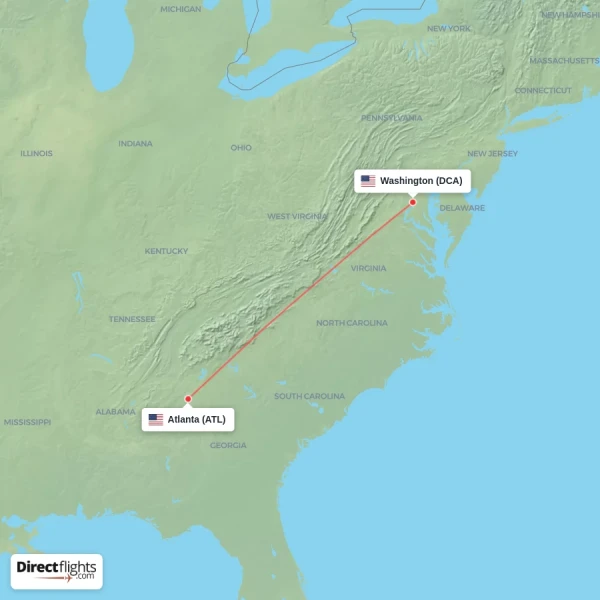 Washington - Atlanta direct flight map