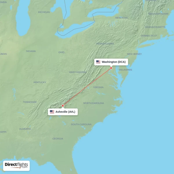 Washington - Asheville direct flight map