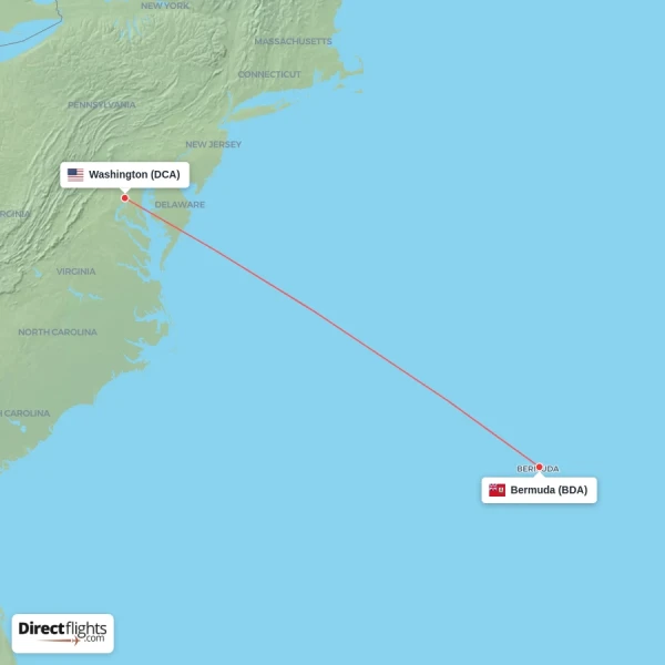 Washington - Bermuda direct flight map