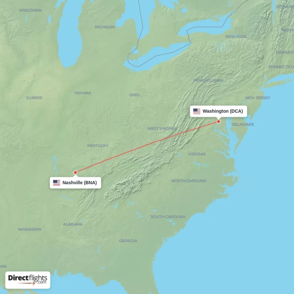Washington - Nashville direct flight map