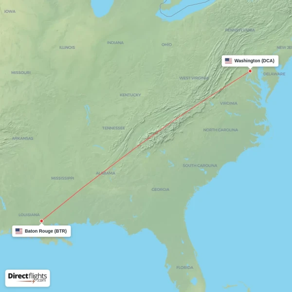 Washington - Baton Rouge direct flight map