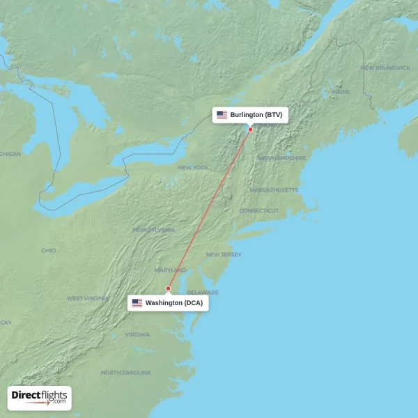 Washington - Burlington direct flight map
