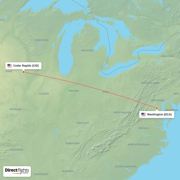Washington - Cedar Rapids direct flight map