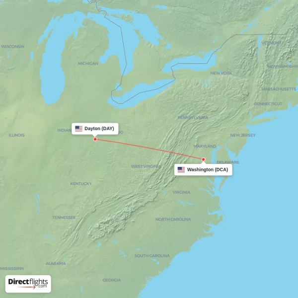 Washington - Dayton direct flight map