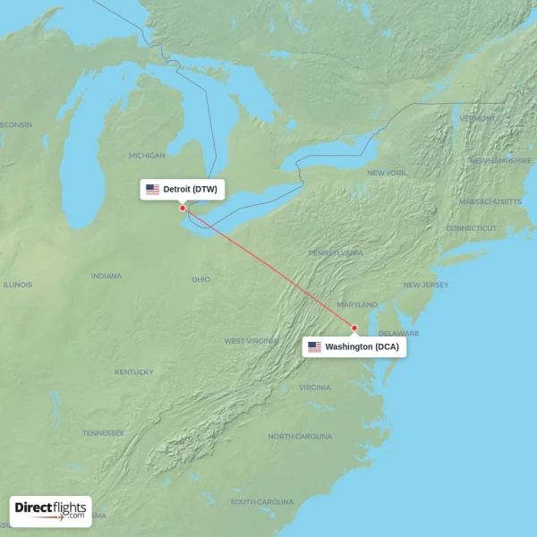 Washington - Detroit direct flight map