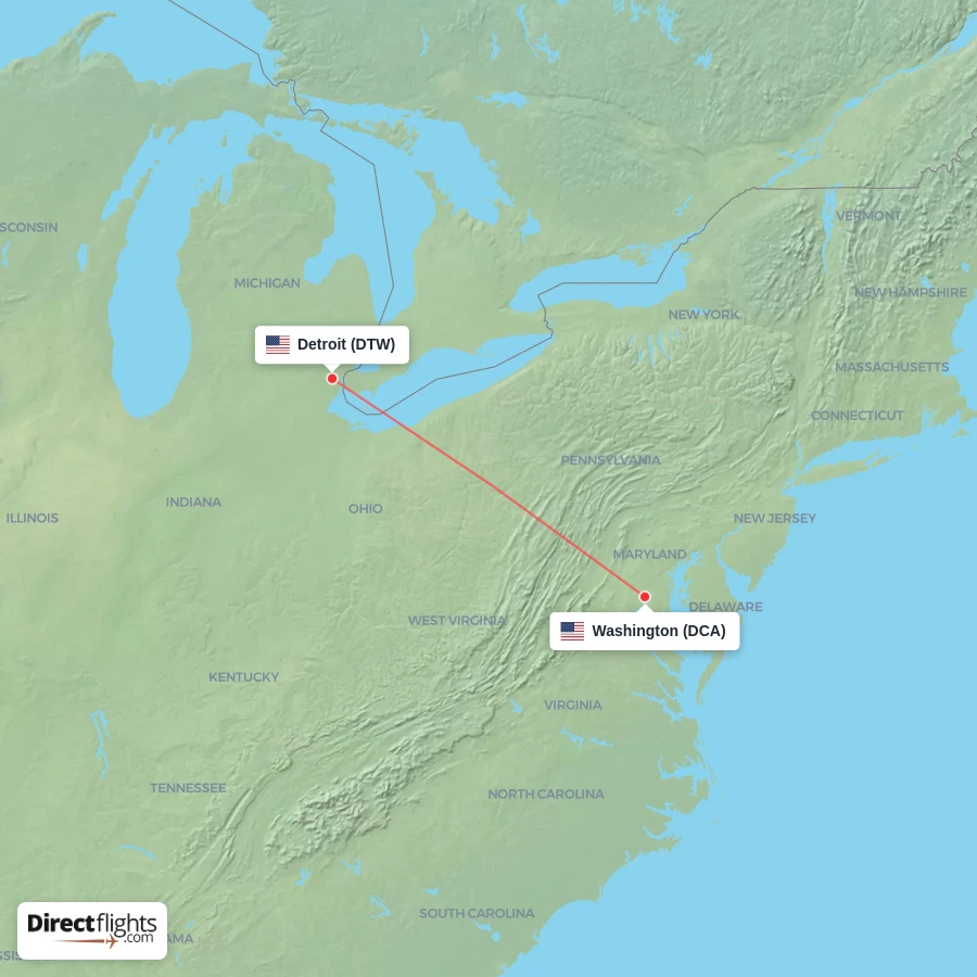 DCA - DTW route map