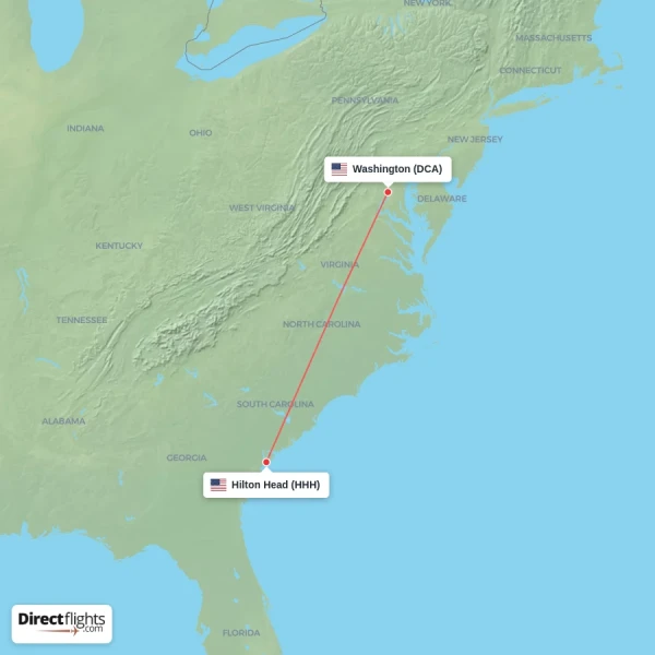 Washington - Hilton Head direct flight map