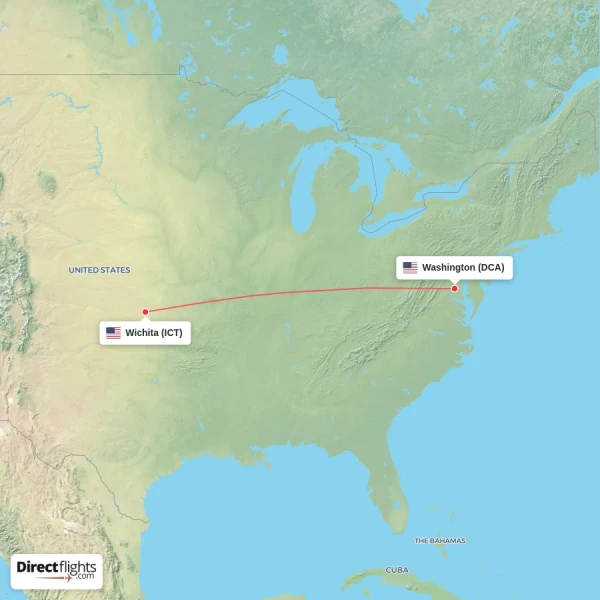 Washington - Wichita direct flight map