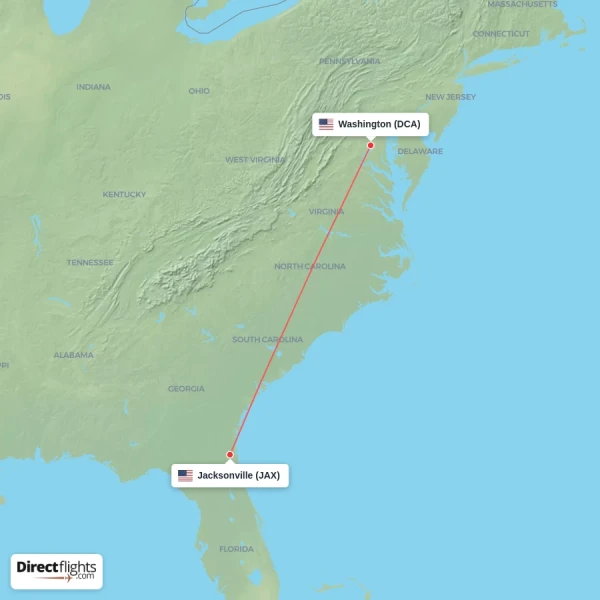 Washington - Jacksonville direct flight map