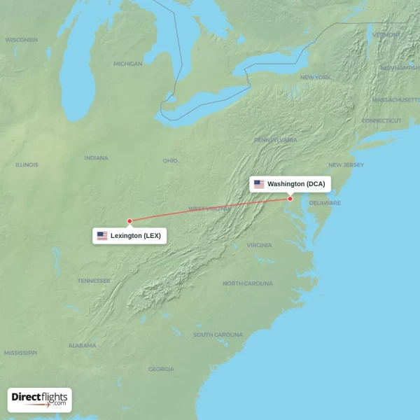 Washington - Lexington direct flight map