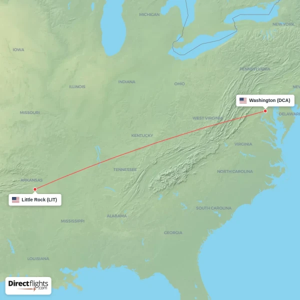 Washington - Little Rock direct flight map