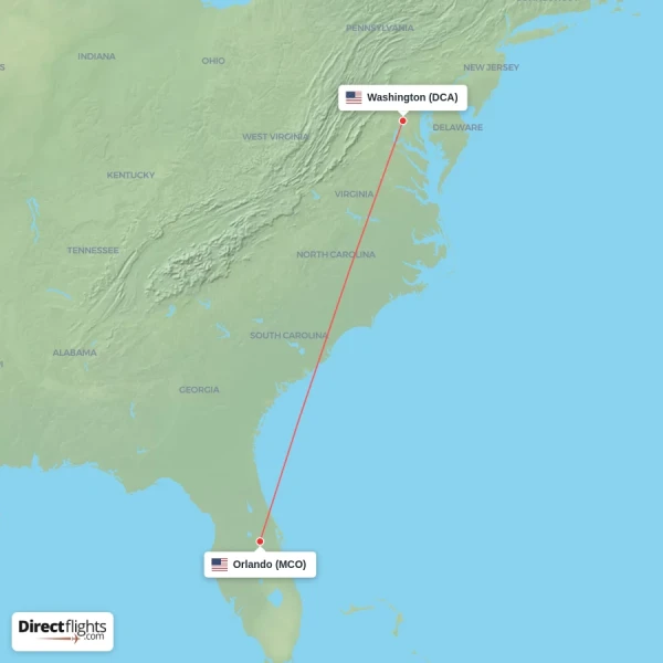 Washington - Orlando direct flight map