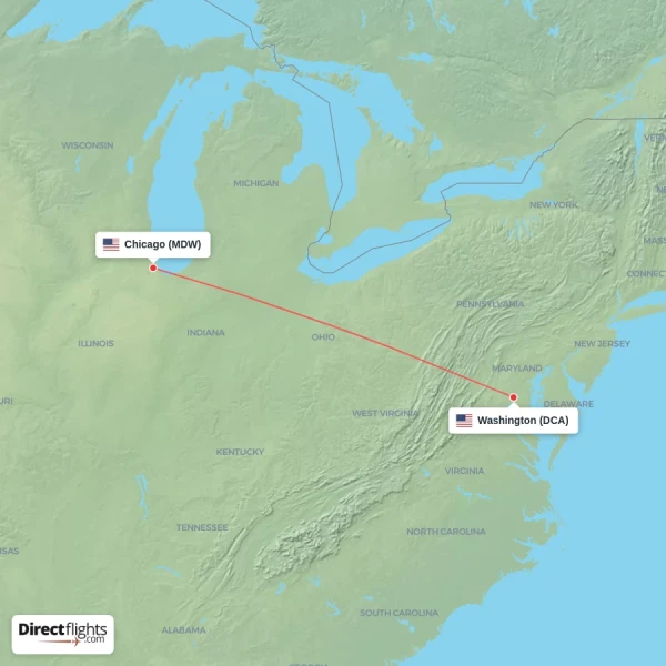 Washington - Chicago direct flight map