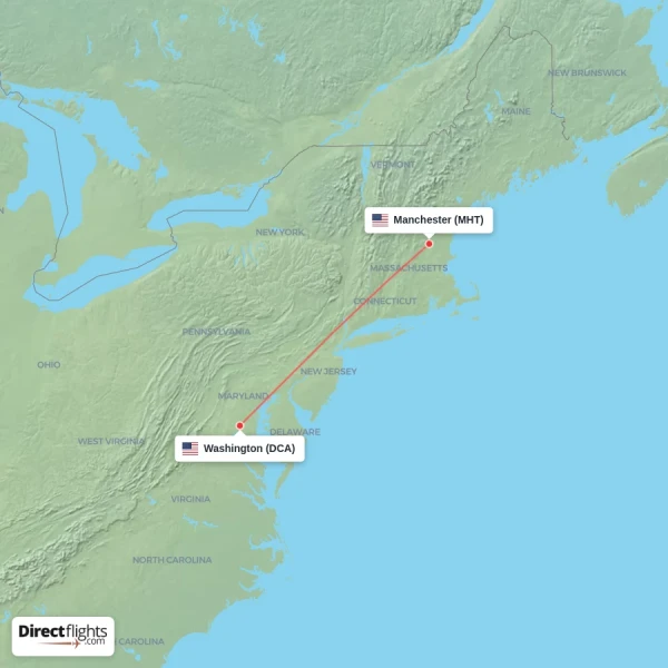 Washington - Manchester direct flight map