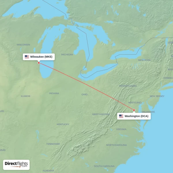 Washington - Milwaukee direct flight map