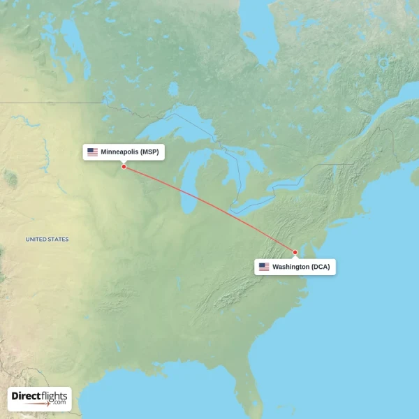 Washington - Minneapolis direct flight map