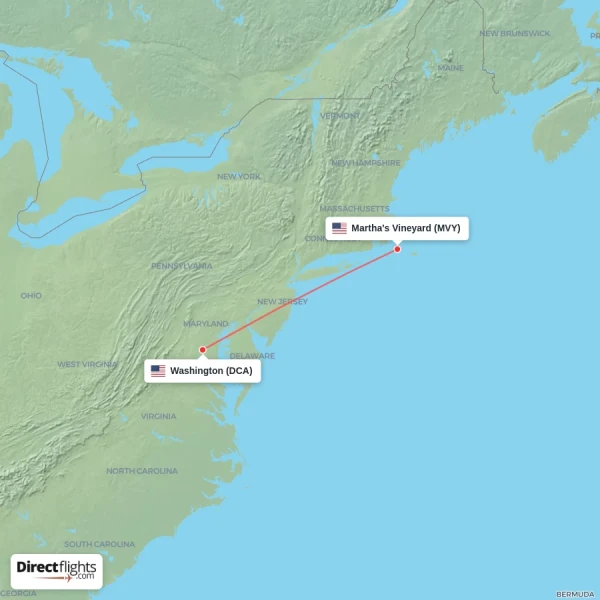 Washington - Martha's Vineyard direct flight map