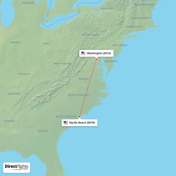 Washington - Myrtle Beach direct flight map