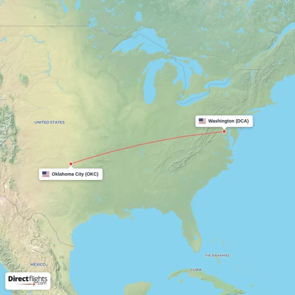 Washington - Oklahoma City direct flight map
